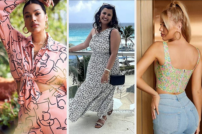 Three women in trendy outfits posing individually; from left, a casual top with abstract print, a summer dress with a floral pattern, and a sleeveless shirt with jeans