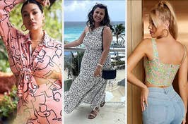 Three women in trendy outfits posing individually; from left, a casual top with abstract print, a summer dress with a floral pattern, and a sleeveless shirt with jeans