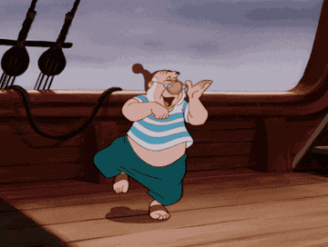 Animated character, Smee from Peter Pan, joyfully dancing on a ship deck