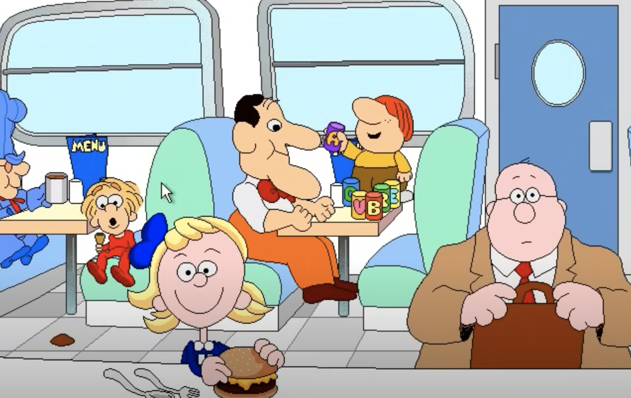 Animated characters from &quot;Grammar Rock&quot; are seated at the diner
