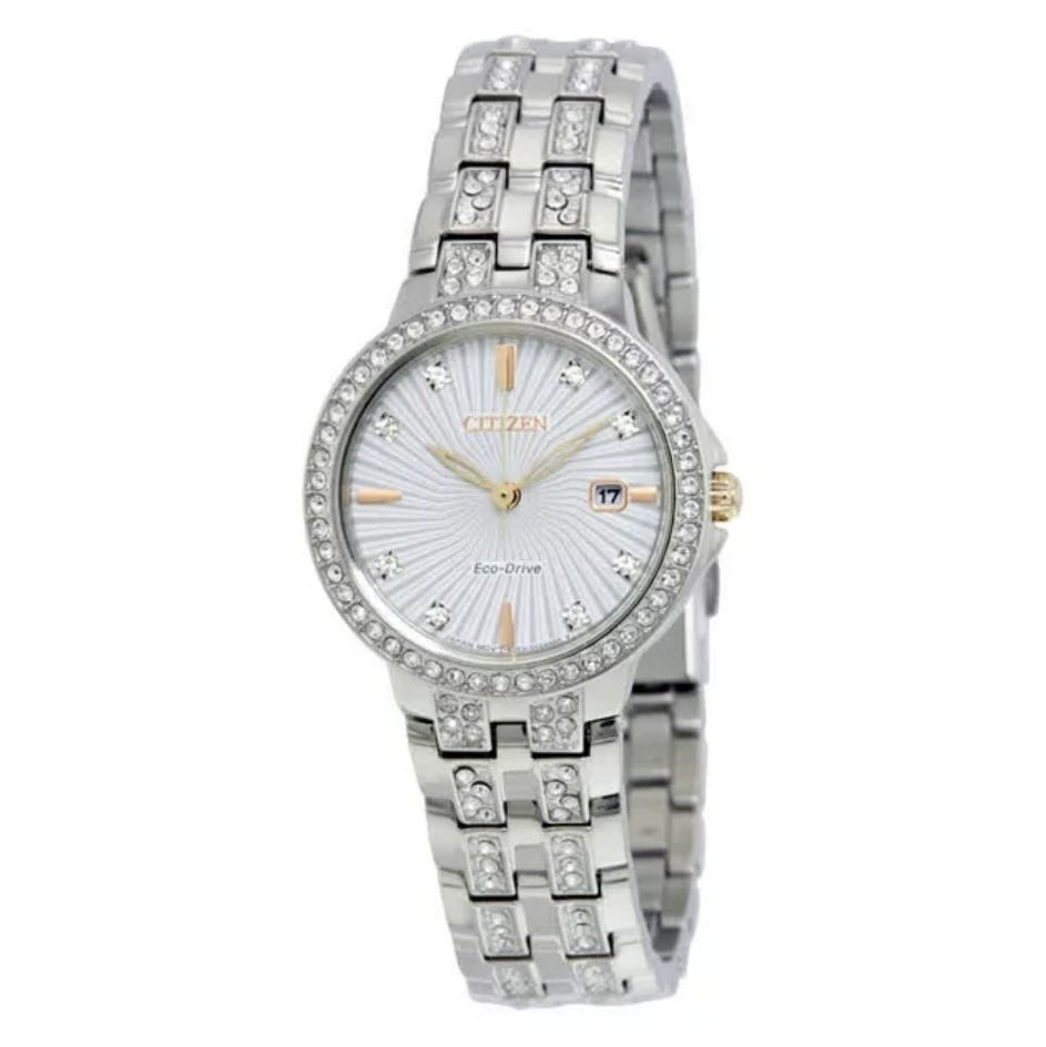 Citizen Eco-Drive watch with crystal accents on the bezel and band, date display at 3 o&#x27;clock