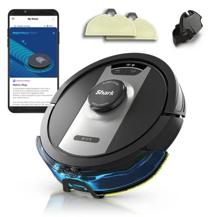 Shark robot vacuum with phone app interface and accessories displayed for smart cleaning technology