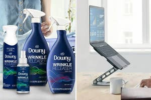On the left, bottles of Downy Wrinkle Releaser; on the right, a laptop on an aluminum laptop riser