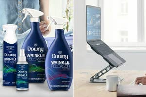 On the left, bottles of Downy Wrinkle Releaser; on the right, a laptop on an aluminum laptop riser