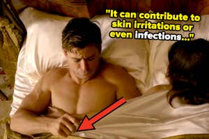 Man in bed with a quote about skin irritations, indicating bad sleeping habits