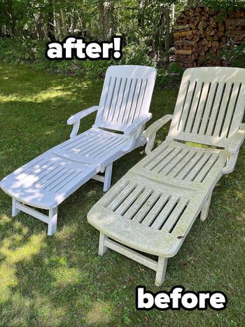reviewer's two plastic lounge chairs in a garden, one clean and the other covered in green algae before using pressure washer
