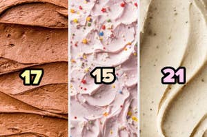 Tres tipos de helado con números 17, 15 y 21 superpuestos