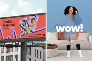 Billboard for Spotify Matched, an audio dating app, next to a woman at home excitedly reacting to an app on her phone