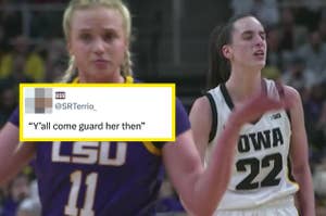 Hailey Van Lith shrugging after Caitlin Clark hits another 3-pointer with a tweet reading, "Y'all come guard her then"