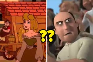 Split image of animated characters, left: young woman with short hair, right: man with furrowed brow