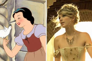 Snow White with a bird on her finger; Taylor Swift in a vintage dress