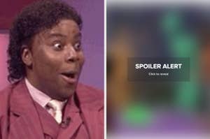 Man with surprised expression next to blurred text warning of a spoiler alert