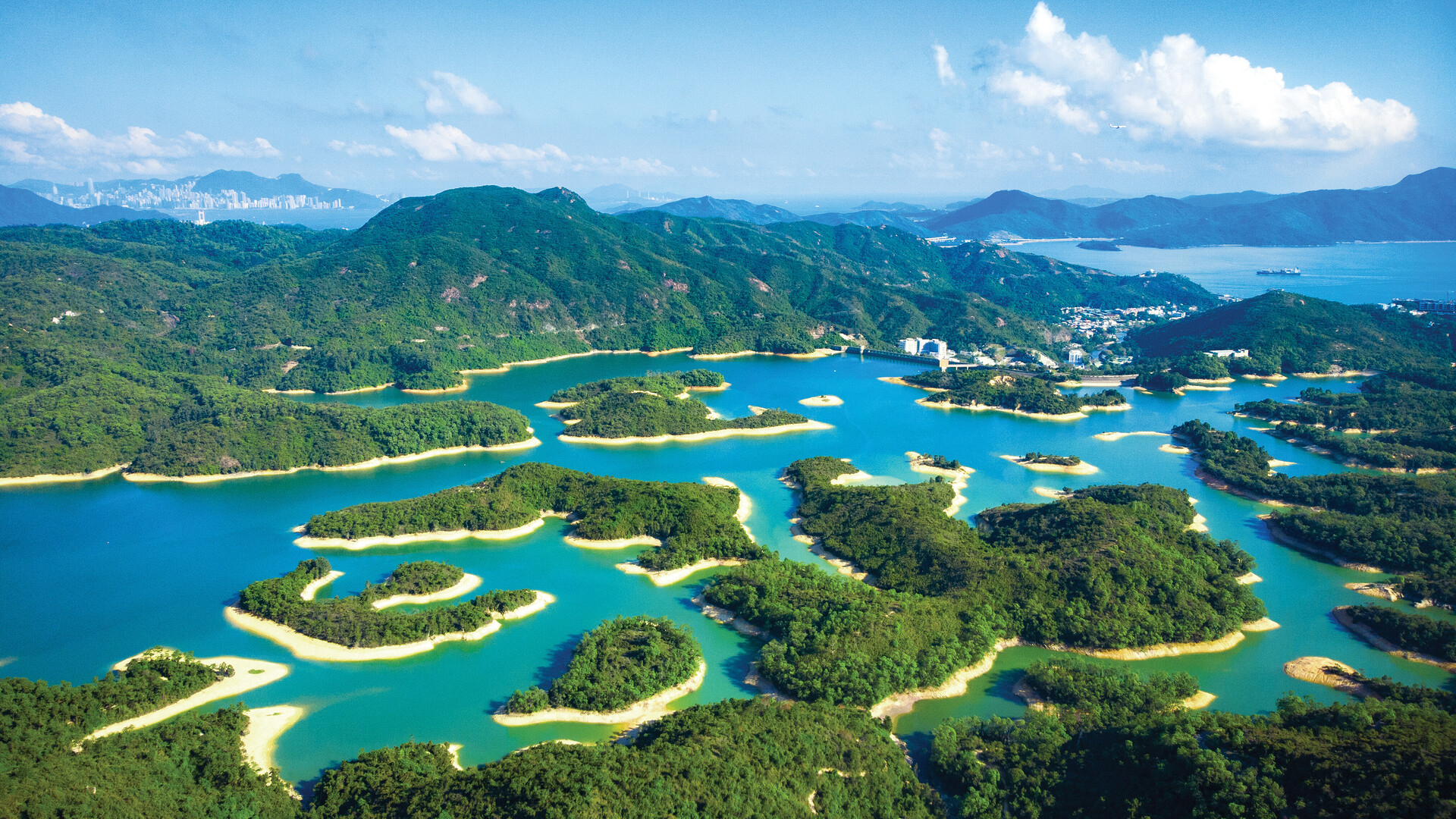 Aerial view of a series of small islands surrounded by turquoise waters