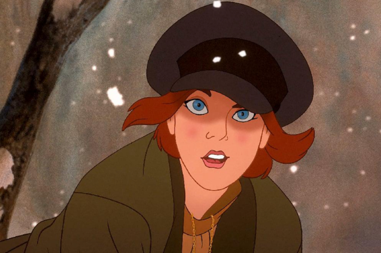 Animated character Anastasia in a hat and coat, looking surprised