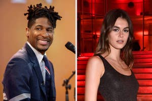 Side-by-side images of Jon Batiste in a suit and tie, and a woman in a sparkly dress on stairs