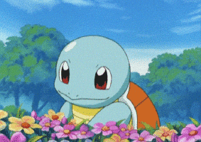 Animated character Squirtle from Pokémon surrounded by flowers