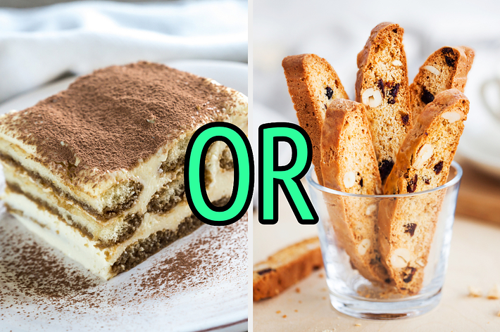 On the left, a slice of tiramisu, and on the right, a cup filled with biscotti with or typed in the middle