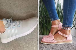 Close-up of a person’s foot wearing a new, modern sneaker with laces, suitable for walking or running