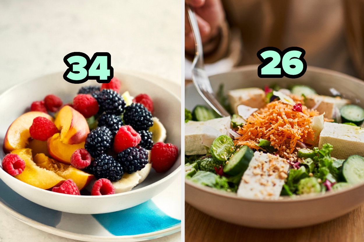Two side-by-side images: left features a bowl of fruit; right shows a salad with cheese shavings. Numbers 34 and 26 are overlaid respectively