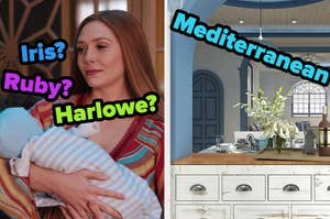 Split image: Left, Woman holding a baby; Right, labeled kitchen styles