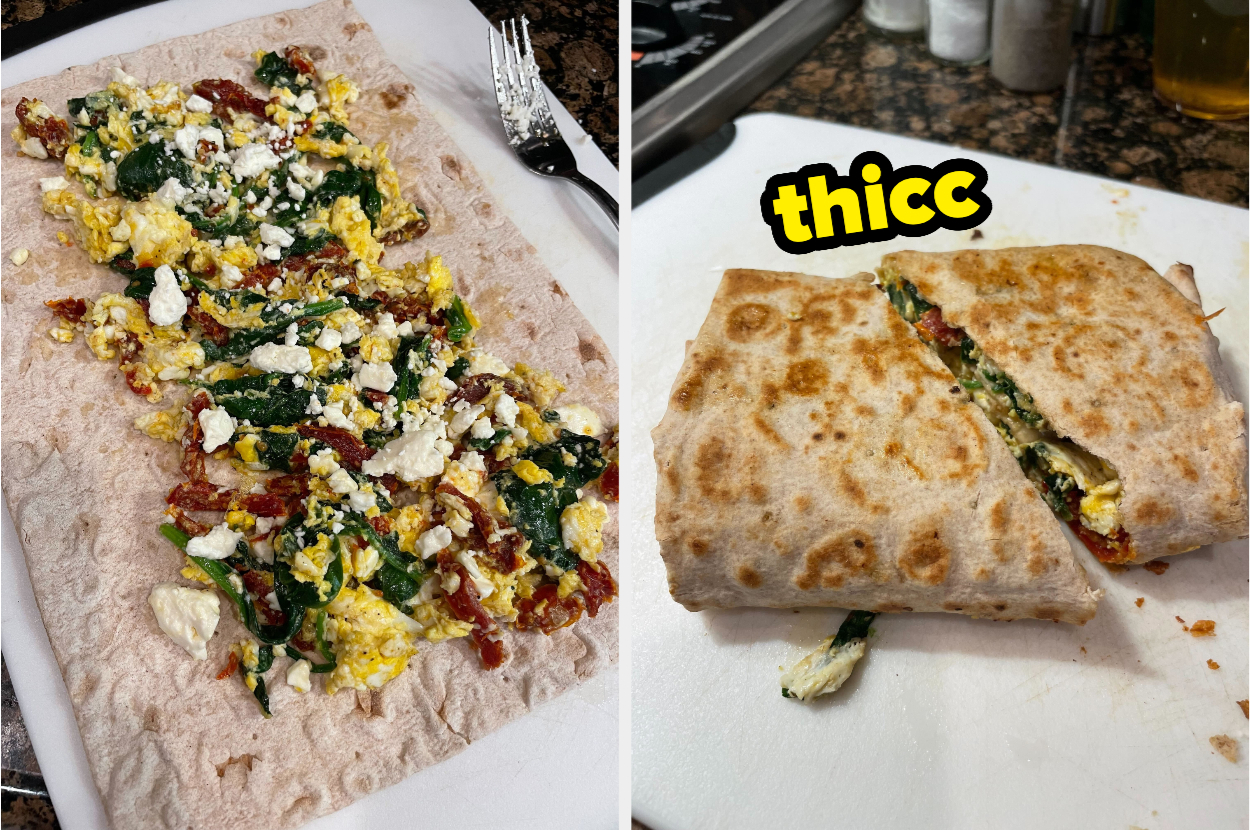 Image of a homemade wrap before and after being cooked, with the word &quot;thicc&quot; indicating a thick filling
