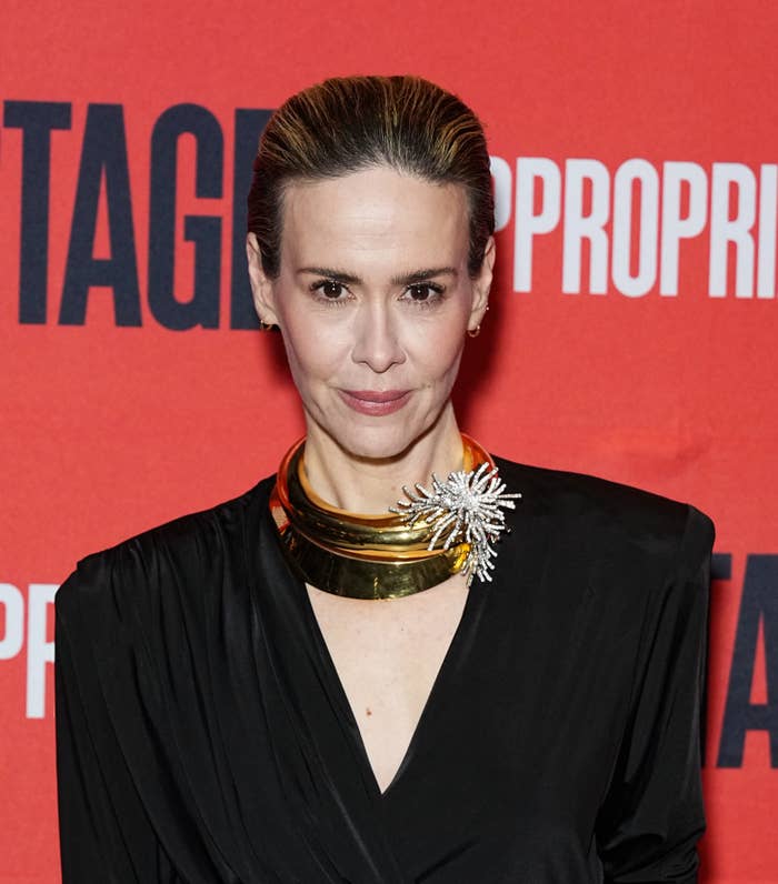 Sarah Paulson in a v-neck outfit with a neckpiece and a floral pin, posing at an event
