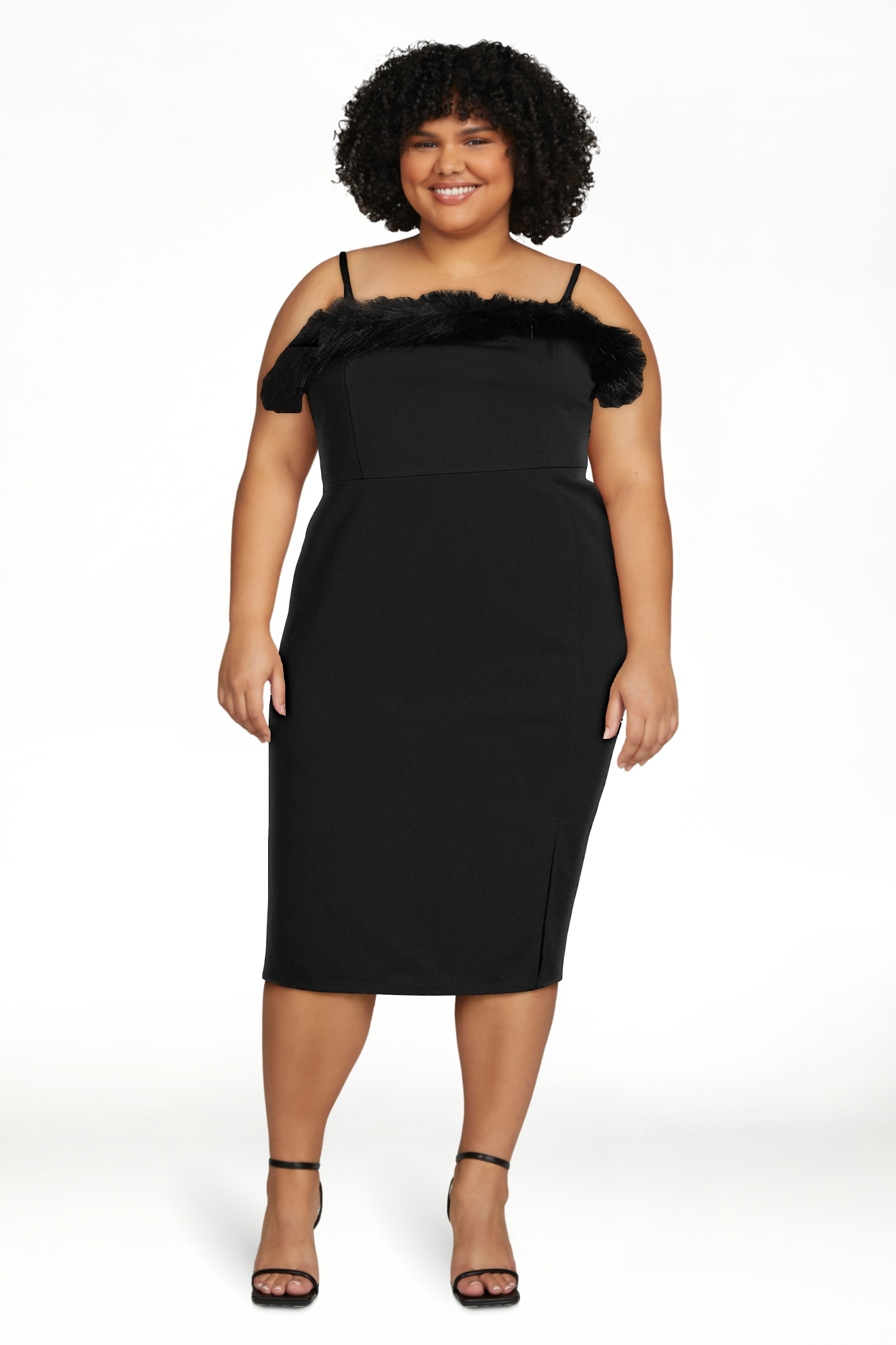 Model in a black midi dress with feather detailing on the neckline, smiling. Suitable for cocktail attire shopping