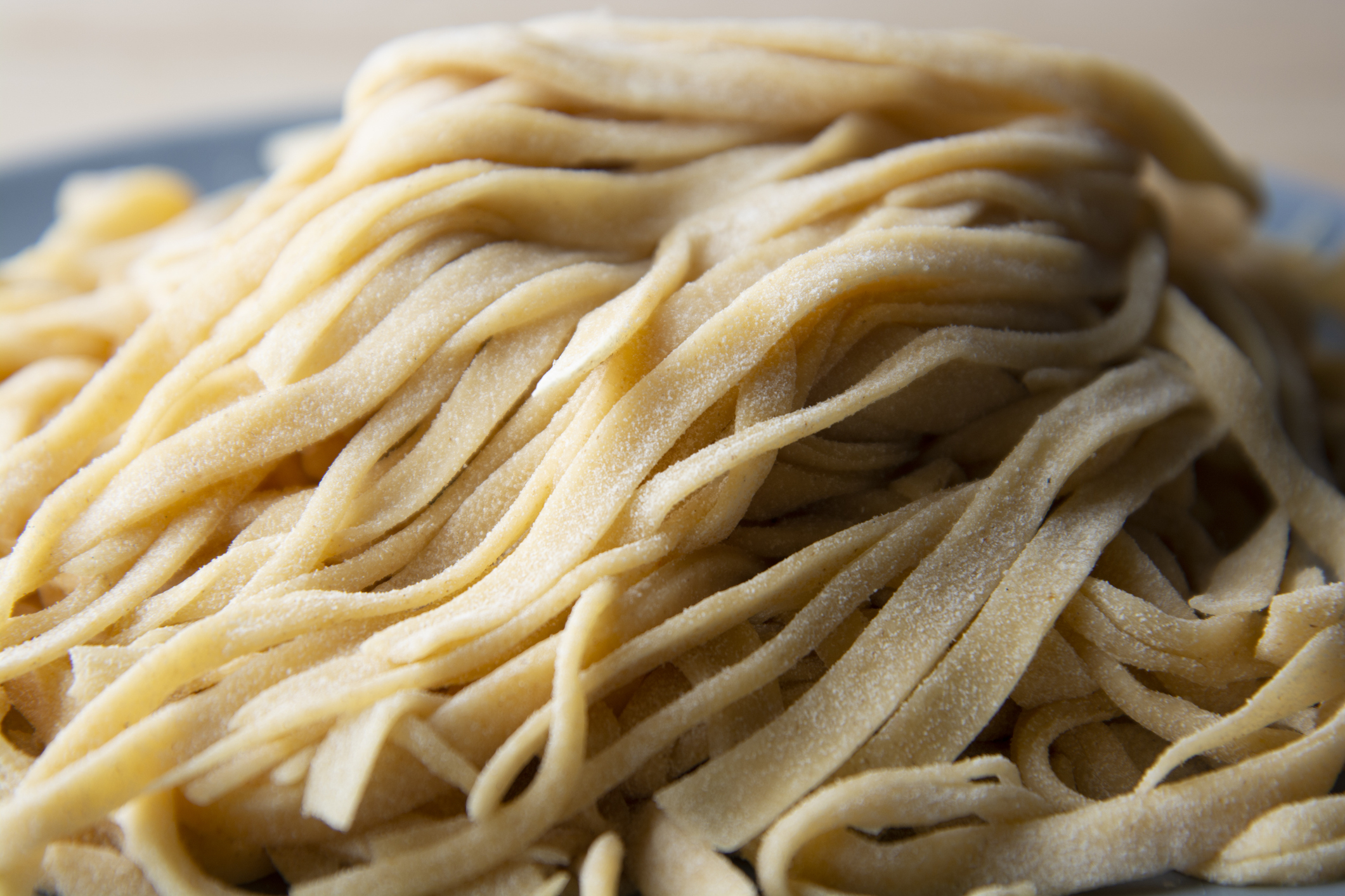 A close-up of a plate of uncooked, homemade pasta noodles