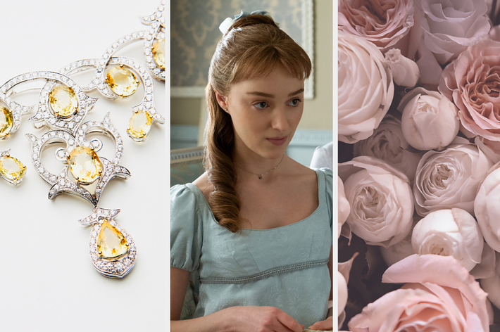 Three-part image: intricate jewelry piece, a woman in historical attire, close-up of numerous roses