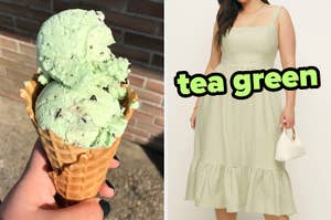 On the left, someone holding a mint chocolate chip ice cream cone, and on the right, someone wearing a midi dress labeled tea green