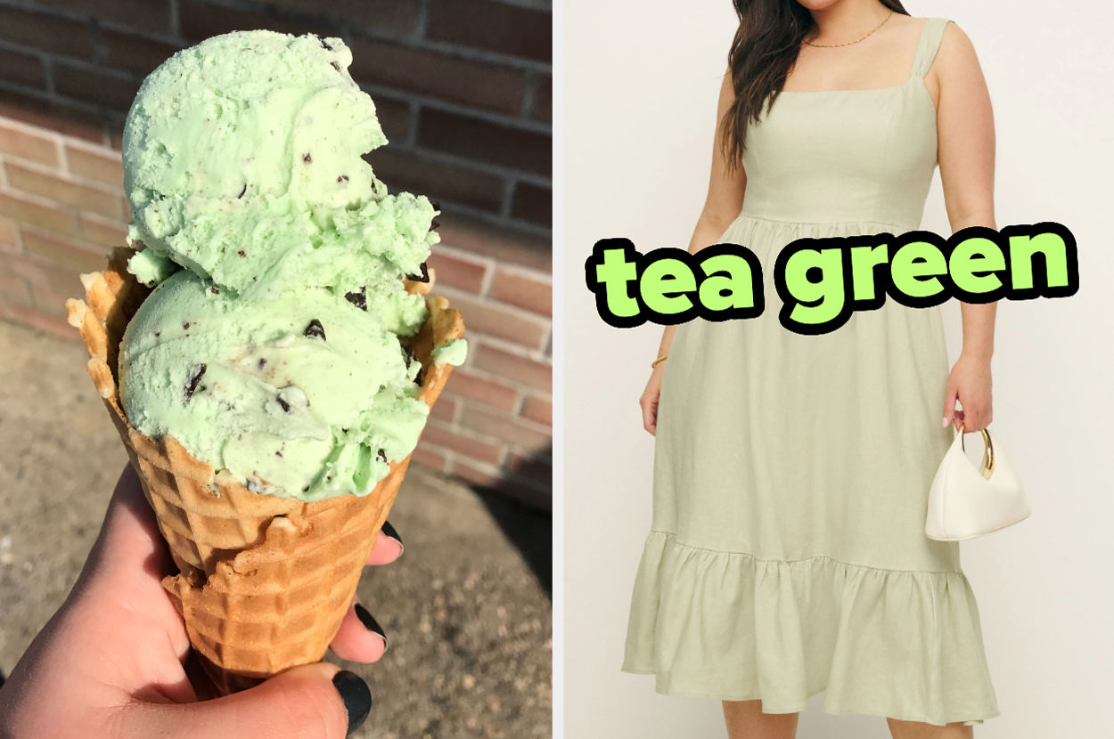 On the left, someone holding a mint chocolate chip ice cream cone, and on the right, someone wearing a midi dress labeled tea green
