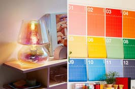 A split image with a lamp on the left and a wall-mounted, 12-month grid calendar on the right in a home setting