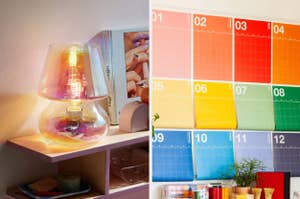 A split image with a lamp on the left and a wall-mounted, 12-month grid calendar on the right in a home setting