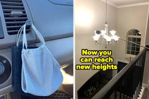 Left: Reusable face mask hanging on a car vent. Right: A look at an elegant chandelier above a staircase in a home setting