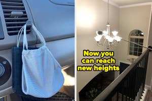 Left: Reusable face mask hanging on a car vent. Right: A look at an elegant chandelier above a staircase in a home setting
