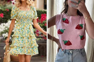Two outfits: left, a floral dress with frills; right, a strawberry-patterned sweater with jeans