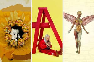 Three separate images: a child's face in a flower, a person in red outfit beside a large letter A, and a human anatomy sculpture with wings