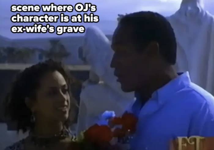 O.J. Simpson in a scene with an actress where his character visits his ex-wife&#x27;s grave