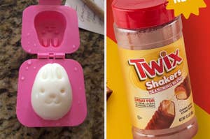 Egg mold with bunny face next to a Twix Shakers Seasoning Blend bottle