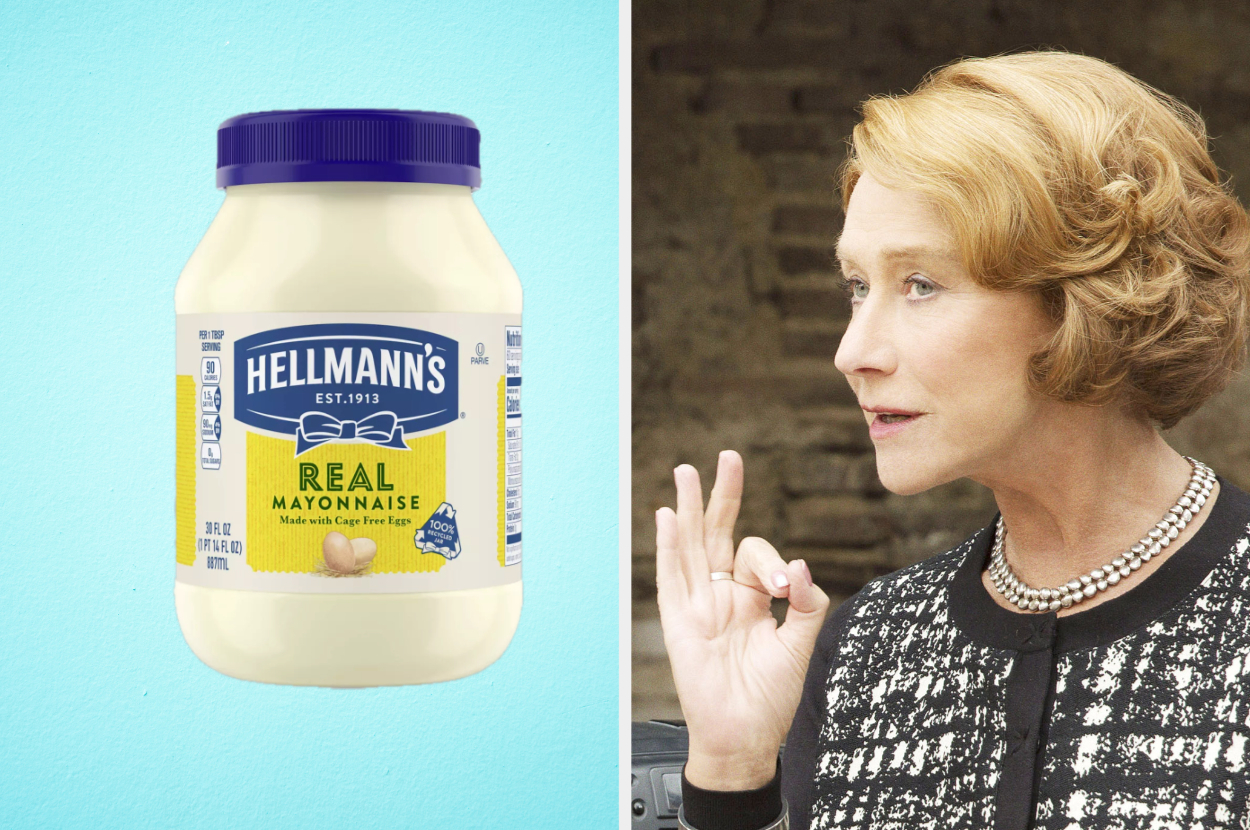 Jars of Hellmann's Mayonnaise and Sweet Baby Ray's Barbecue Sauce. Movie titles "The Hundred-Foot Journey" and "Like Water for Chocolate"
