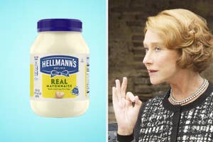 Jars of Hellmann's Mayonnaise and Sweet Baby Ray's Barbecue Sauce. Movie titles "The Hundred-Foot Journey" and "Like Water for Chocolate"