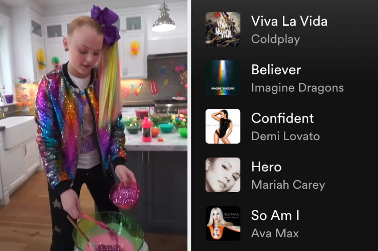 On the left, Jojo Siwa making slime with gltiter, and on the right, a Spotify playlist
