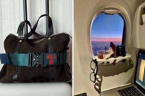 Black handbag with "HOLD ME" strap beside a window showing a view from an airplane with a beverage and laptop on the tray