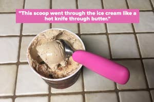 The pink scoop scooping out ice cream with reviewer text "this scoop went through ice cream like a hot knife through butter"
