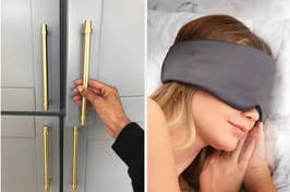 A person's hand holding gold cabinet handles and a person wearing a sleep mask in bed