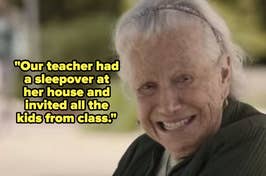 Elderly woman smiling with a quote about a teacher hosting a sleepover for her class