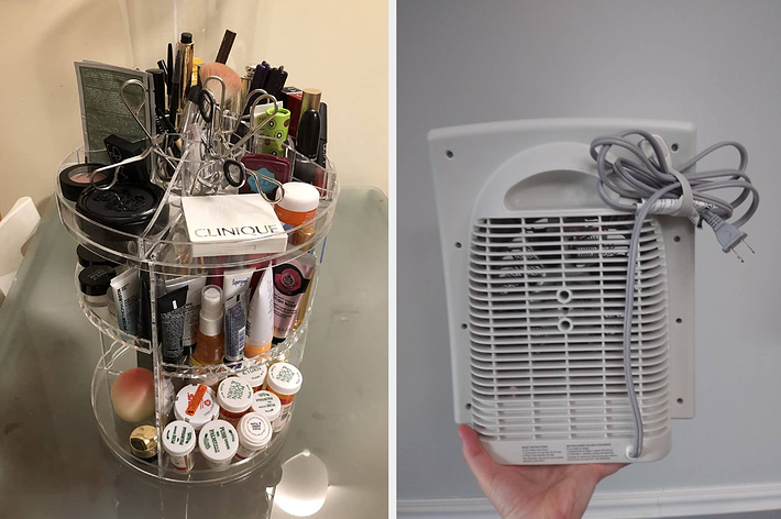 L: three-tier rotating makeup organizer R: cord bundler
