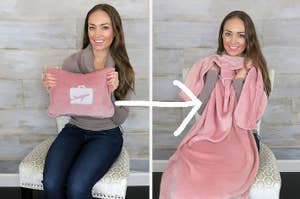 model with pillow and then with the pillow unfolded into a blanket