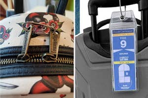a clip holding two zippers on backpack together, a luggage tag attached to a suitcase handle displaying a Royal Caribbean boarding pass