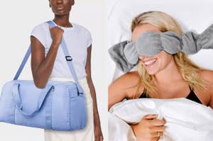 Two images side by side; left shows a person holding a blue duffel bag, and right shows a person wearing an eye mask in bed